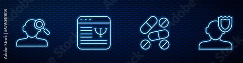 Set line Medicine pill or tablet, Finding problem psychology, Online psychological counseling and Psychology. Glowing neon icon on brick wall. Vector