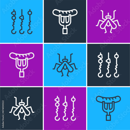 Set line Grilled shish kebab on skewer, Mosquito and Sausage the fork icon. Vector