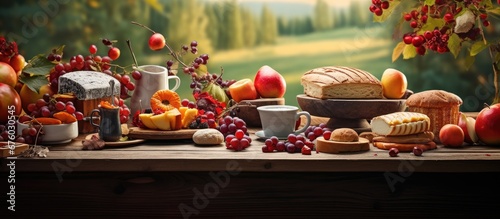 In the background of a peaceful summer surrounded by the beauty of nature and the warmth of wooden home I enjoyed a delightful autumn breakfast consisting of fresh fruits a heavenly slice o