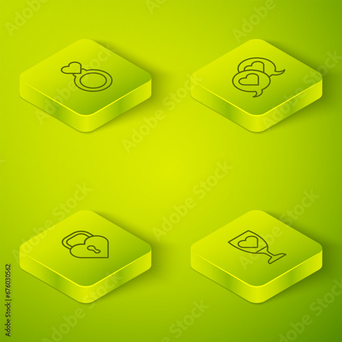 Set Isometric line Heart in speech bubble, Castle the shape of heart, Glass champagne and Wedding rings icon. Vector