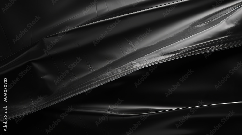 Fototapeta premium Polyethylene packages on black background. Wrinkled packaging