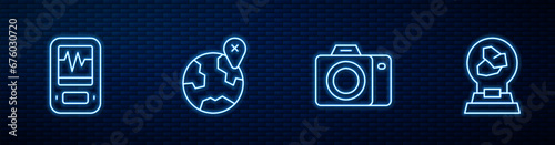 Set line Photo camera, Seismograph, Location on the globe and Exhibition with minerals, rocks. Glowing neon icon on brick wall. Vector