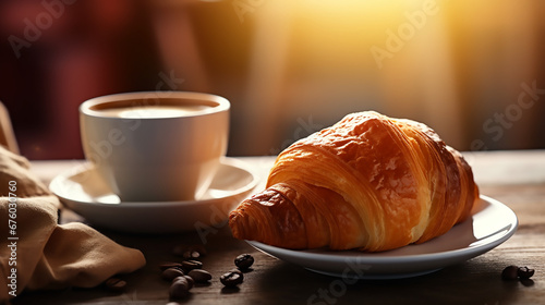Morning shot of Beautiful whole croissant and cup of coffee isolated on table top background with natural light shadow