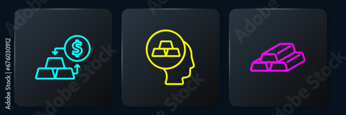 Set line Gold exchange money, bars and . Black square button. Vector