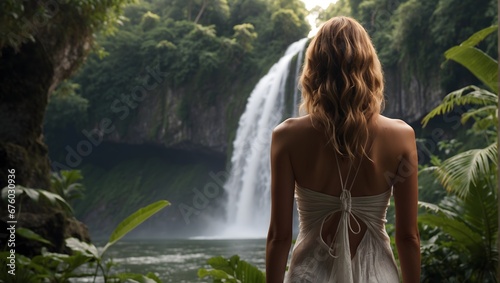 rear view of a pretty woman in tourist clothes standing in the jungle in front of a big waterfall © Amir Bajric