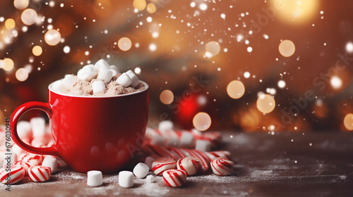 Christmas drink. Cup of hot chocolate with marshmallows and red candy cane