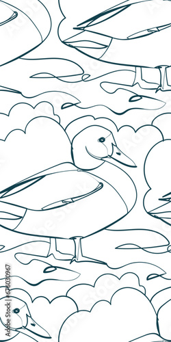 duck drake bird nature wildlife artistic seamless ink vector one line pattern hand drawn