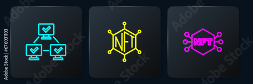 Set line NFT blockchain technology, Digital crypto art and . Black square button. Vector