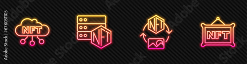 Set line NFT Digital crypto art, cloud, blockchain technology and . Glowing neon icon. Vector
