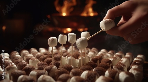 A chocolate-dipped marshmallow skewer being prepared for roasting in