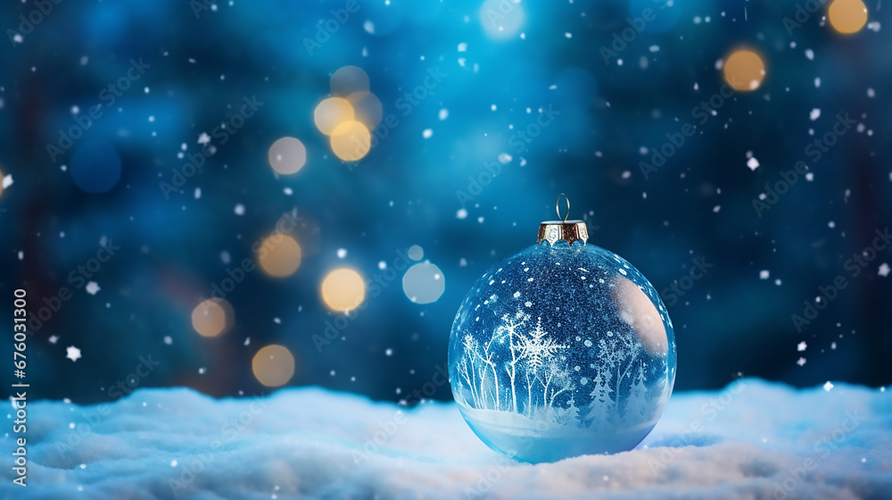 Christmas décor glass ball in the snow on a blurred background of lights in a blue snowy night Christmas décor glass ball in the snow on a blurred background of lights in a blue snowy night