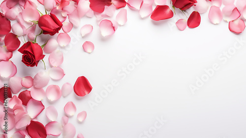 Creative Floral concept. Beautiful pink red rose and petals stalk scattered isolated with note card on white background. Template for product presentation display