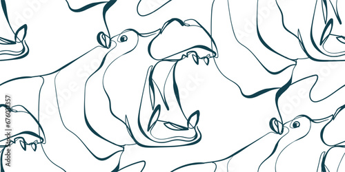 hippopotamus behemoth nature wildlife artistic seamless ink vector one line pattern hand drawn