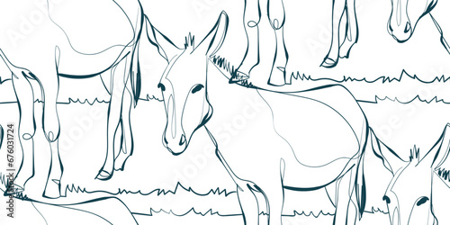 donkey nature wildlife artistic seamless ink vector one line pattern hand drawn