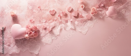 A delicate spread of lace doilies and Valentine's confetti. Happy Valentine's Day. Wedding card, bridal invitation. 
