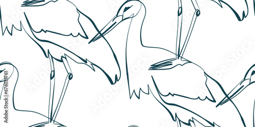stork crane bird nature wildlife artistic seamless ink vector one line pattern hand drawn