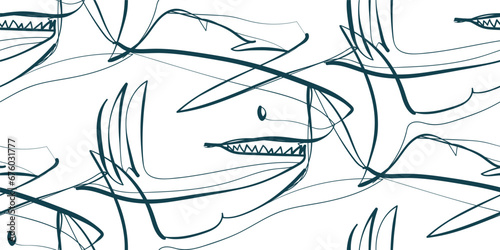 shark nature wildlife artistic seamless ink vector one line pattern hand drawn