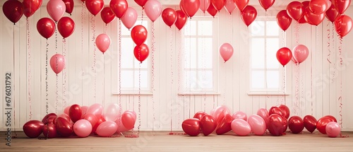 A playful arrangement of heart-shaped balloons in varying shades of red. Happy Valentine's Day. 
