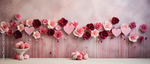 A sequence of handmade Valentine's Day crafts including paper flowers and ribbon. Happy Valentine's Day.