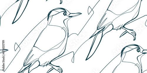 woodpecker bird nature wildlife artistic seamless ink vector one line pattern hand drawn