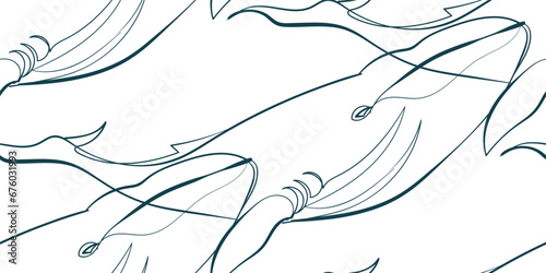whale nature wildlife artistic seamless ink vector one line pattern hand drawn