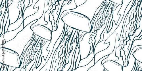 jellyfish nature wildlife artistic seamless ink vector one line pattern hand drawn