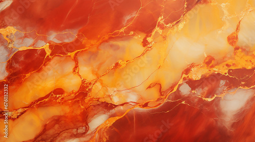 Beautiful red orange abstract marble background with golden veins. Drawn, hand painted aquarelle. Wet watercolour pattern