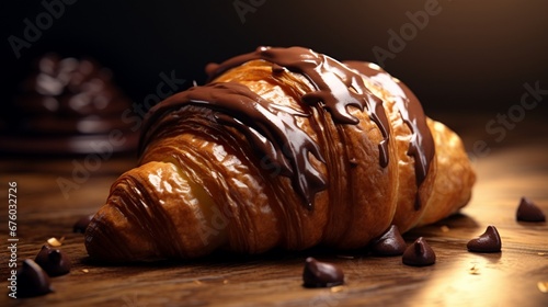 A chocolate croissant with a golden, flaky crust in photo