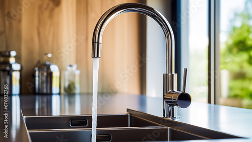 Steel chrome faucet with water flow. Water flows from the tap, problem of economical use of water. 