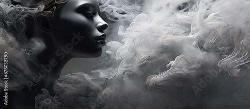 Fresh air flow with woman face, cold white wind effect, blowing mist, smoke or winter blizzard trail