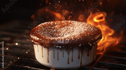 A chocolate souffl?(C) rising in the oven, with a golden brown top in photo