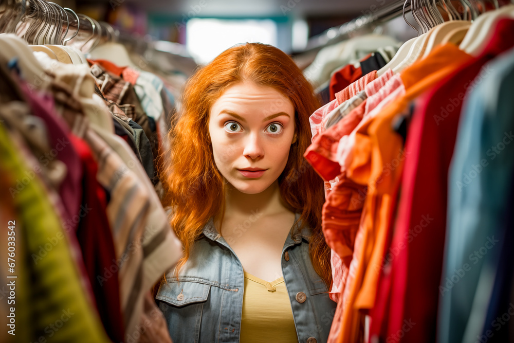 Young Woman can not choose what  wear. Funny girl indecision clothes choices, cleaning concept.  Emotional girl with worried face expression posing in her dresses room. Too much clothes.