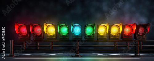 traffic lights on in dark night city. semaphore banner