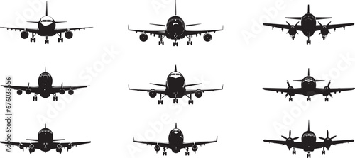 Black airplane icon collection. Set of black plane silhouette icon