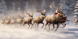 Reindeers and Santa Claus, santa claus with reindeer, Christmas background concept, Santa Claus riding his sleigh with reindeer, generative AI


