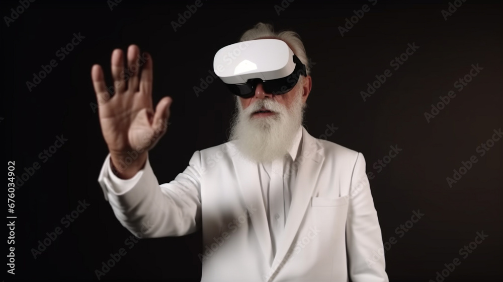 An elderly man in a suit and virtual reality goggles. AI Generated An elderly man in a suit and virtual reality goggles. AI Generated