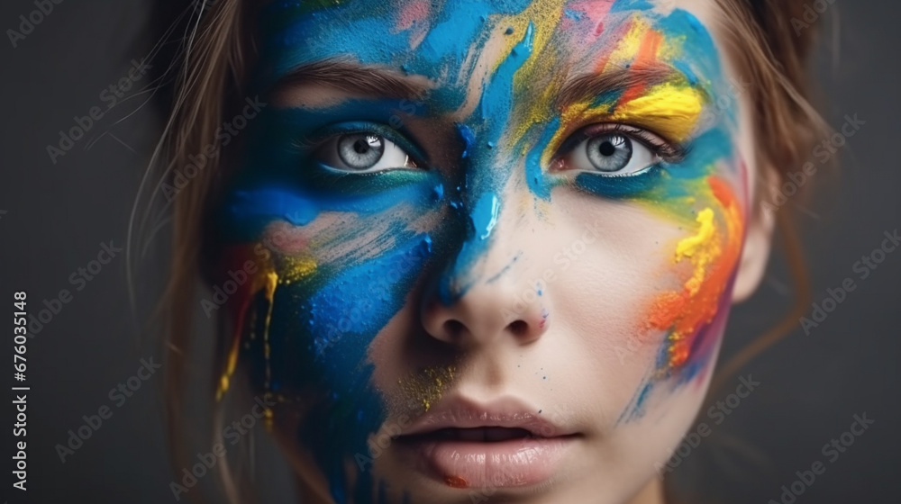 A woman with bright face paint. AI Generated A woman with bright face paint. AI Generated