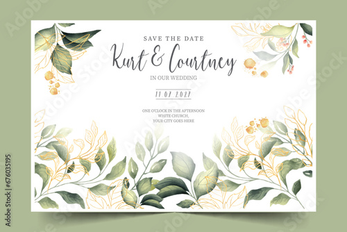 beautiful wedding card with green golden leaves design vector illustration