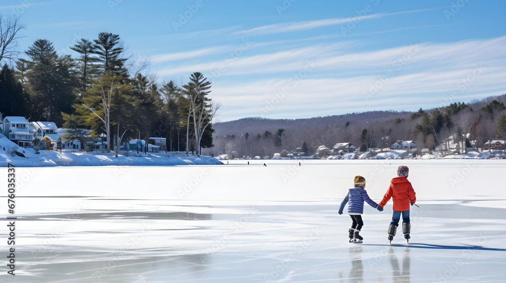 Children Learning to Ice Skate on a Frozen Lake