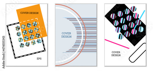 Geometric cover design, set of 3 covers. Abstract unusual background in Memphis style. Bright geometric shapes in random order