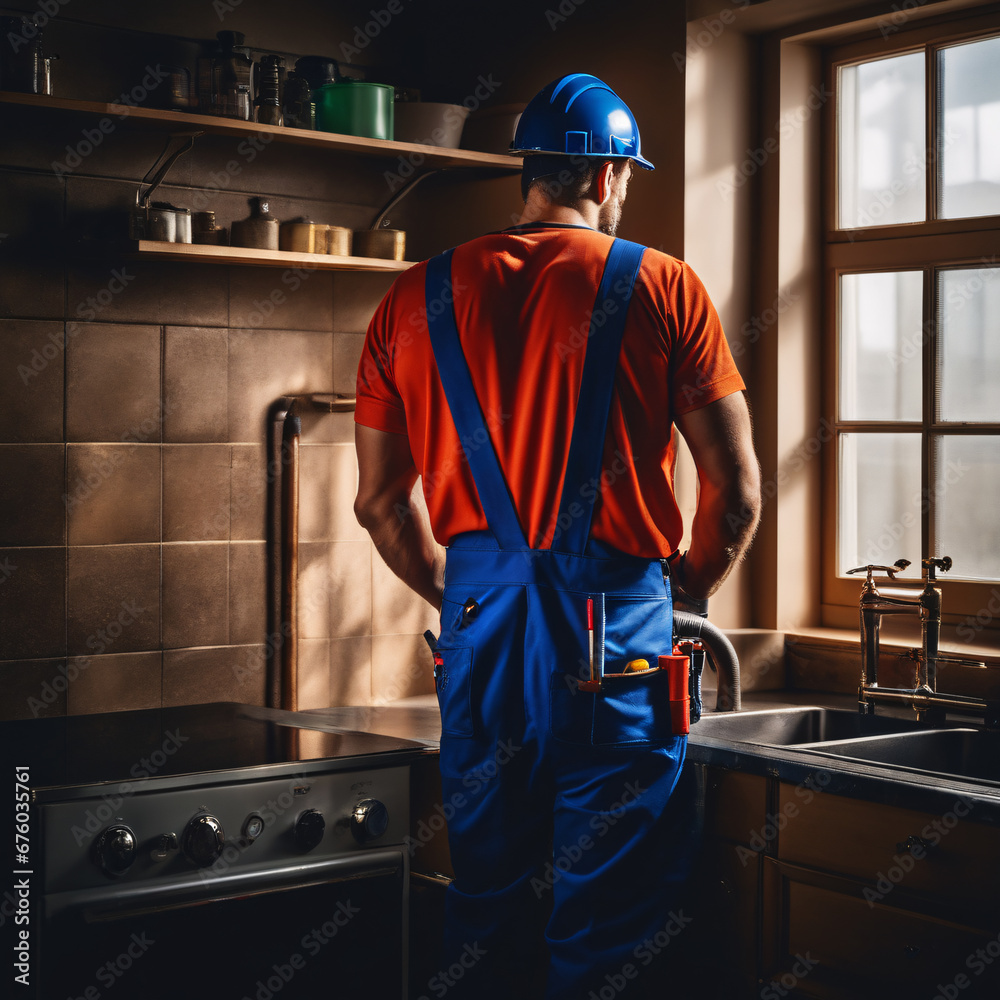 Rear view of a male plumber standing in the kitchen. Rear view of a male plumber standing in the kitchen.