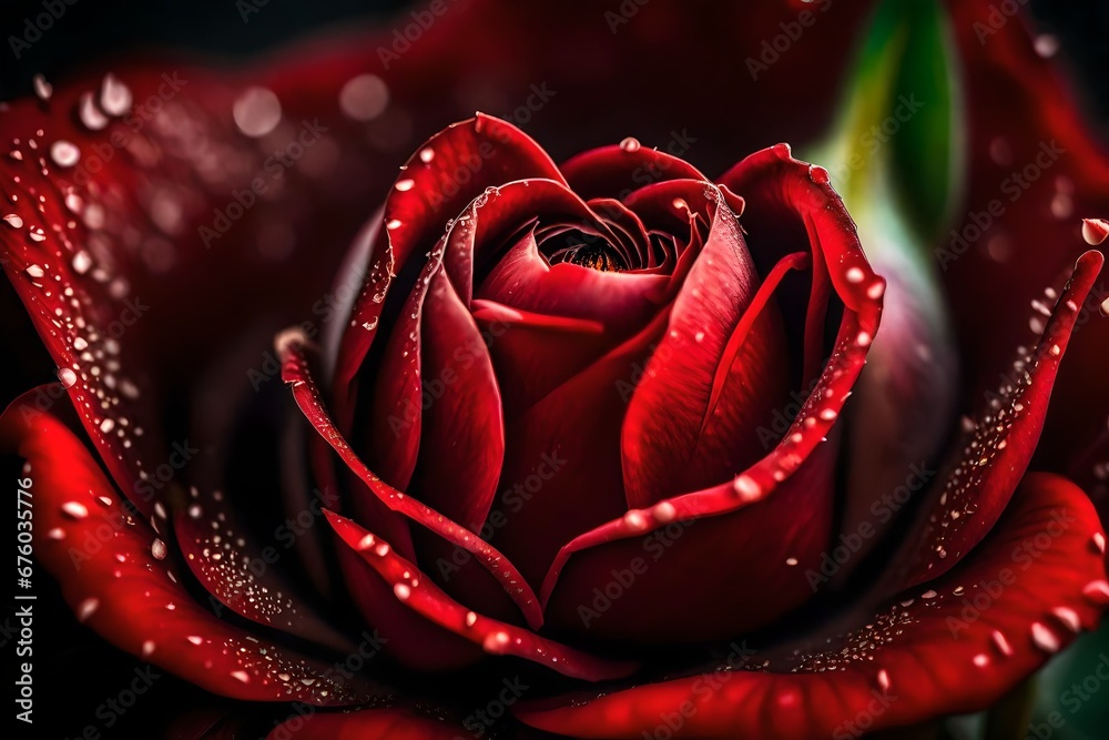 A macro shot of a red rosebud about to burst open, showcasing the intricate details of its delicate petals.--