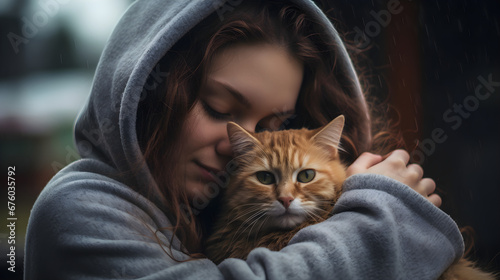 A Woman in a Gray Hoodie Snuggling an Orange Cat