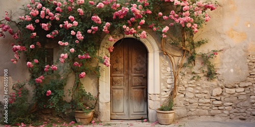 Fototapeta Naklejka Na Ścianę i Meble -  wooden vintage door with pink flower bouquet background wallpaper, Generative Ai