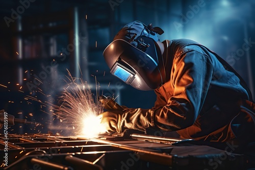 Metal welder working with arc welding machine to weld steel at factory.Skillful metal worker working with arc welding. © Naknakhone