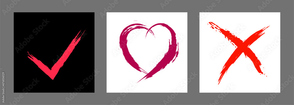 The cross, heart and OK symbol are hand-drawn with a brush. Prohibition, denial, error. Love. Approval, consent. Vector, set of 3 characters The cross, heart and OK symbol are hand-drawn with a brush. Prohibition, denial, error. Love. Approval, consent. Vector, set of 3 characters