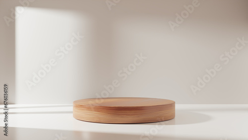Wood empty podium or pedestal for product presentation, showcase of beauty and cosmetics product. Mockup platform. 3d rendering