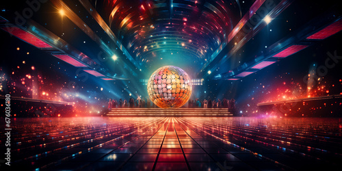 Bright disco scene with neon lights and dazzling disco ball as the centerpiece 