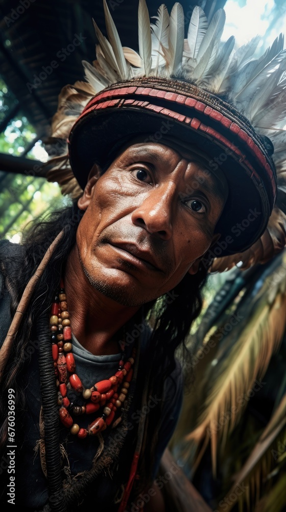 indigenous man from amazonas taking a selfie