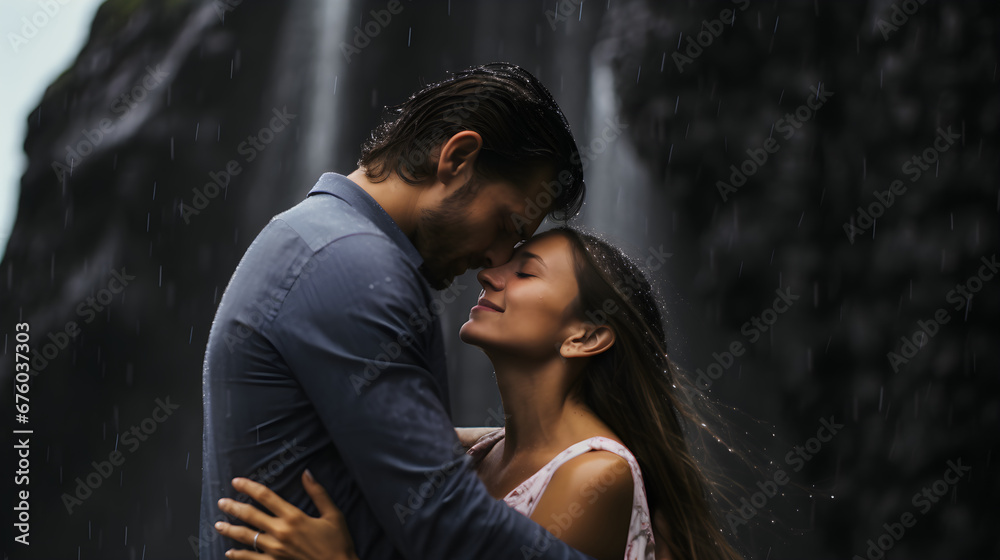 A Couple Sharing a Romantic Moment Near a Waterfall A Couple Sharing a Romantic Moment Near a Waterfall